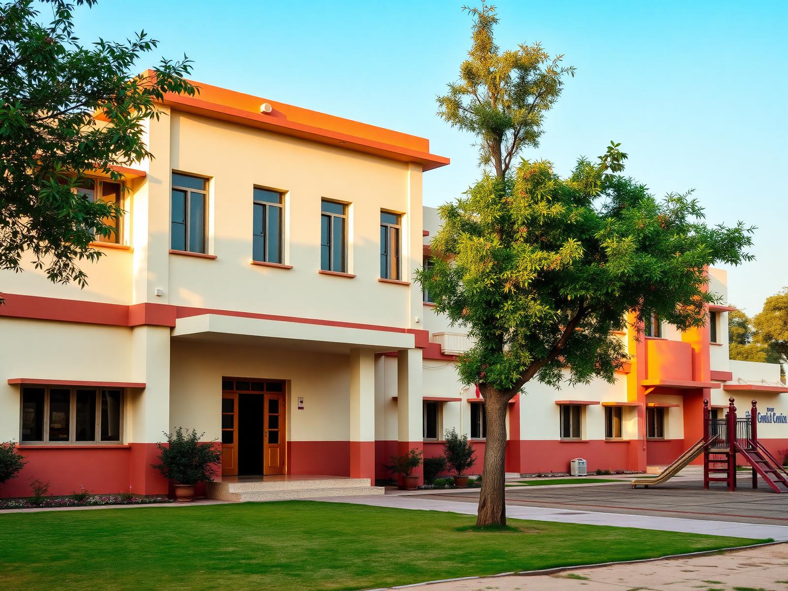 The school building with trees and a safe outdoor play area in morning light