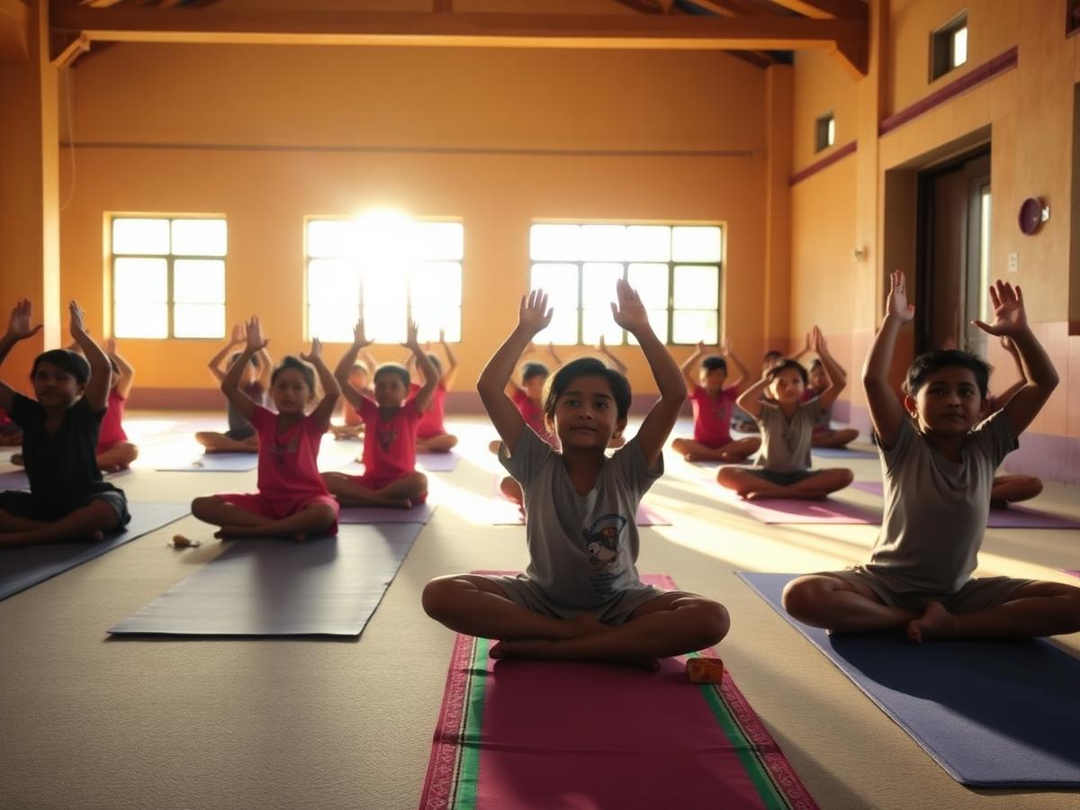 Children practising yoga together in a sunlit hall